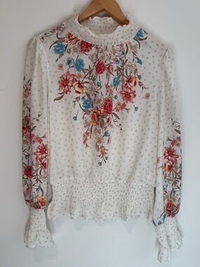 Meraki Floral Mock Neck Smocked Blouse Size L